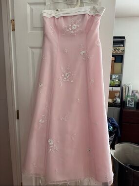 Morgan & Co. Strapless Pink Floral Embroidered Gown